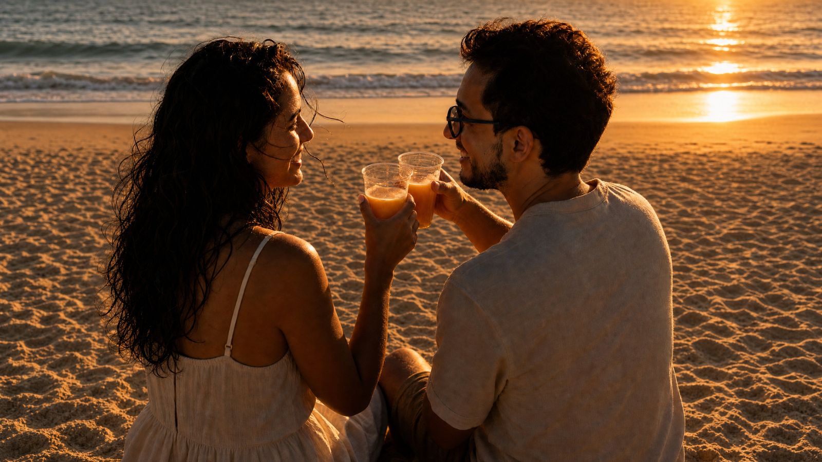 Casal brindando com drinks à base de café na praia ao pôr do sol